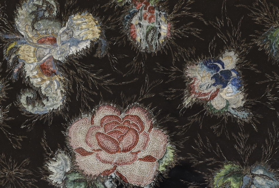 Framed floral silk embroidery, the mount dated 1867